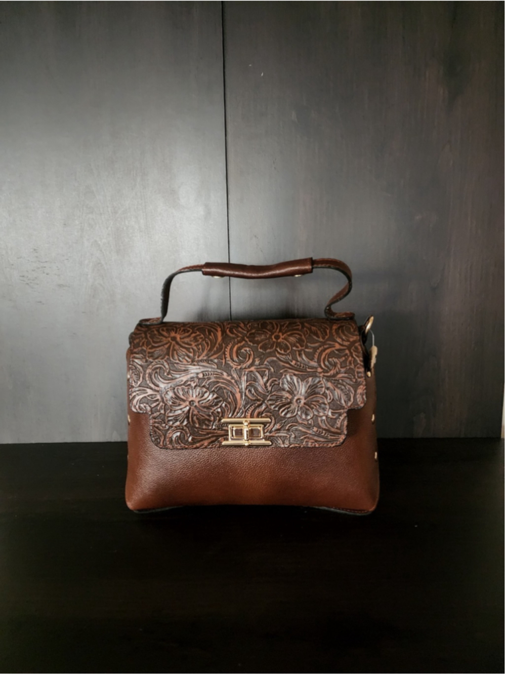 Pecan Brown Floral Studded Embossed Artisan LEATHER Purse Handbag Crossbody - Picture 4 of 15